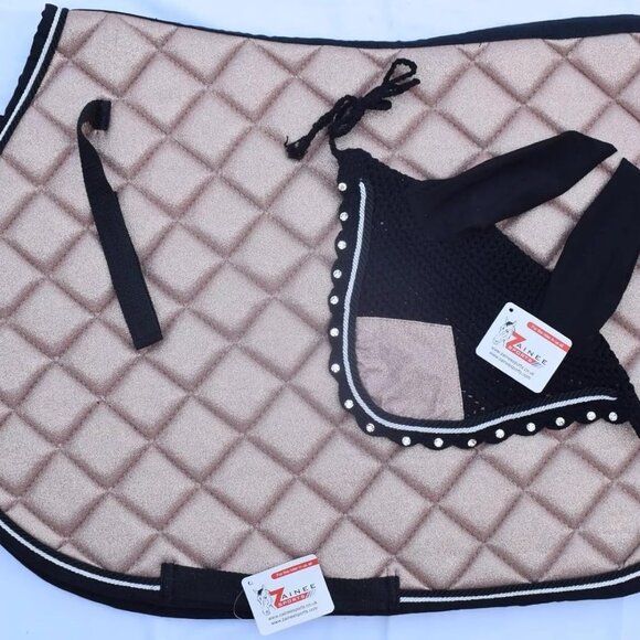 Glitter Rose Gold All Purpose English Saddle Pad with Matching Fly Bonnet, Boots - Picture 6 of 8